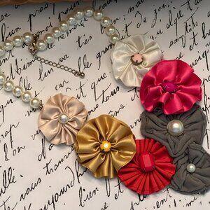 Vintage Boho Floral Ribbon and Faux Pearl  Statement Necklace with Charm Centers